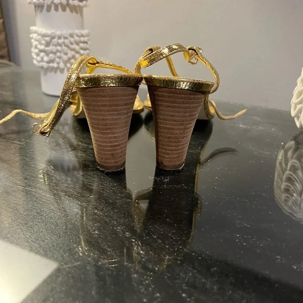 J Crew Gold Carina T-Strap Heels